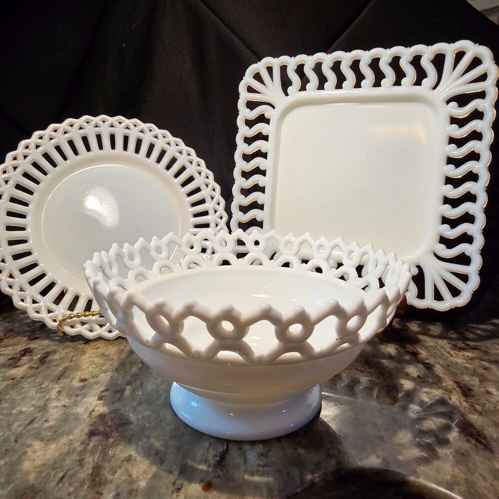 3pc Vintage Westmoreland Milk Glass Lace Set Doric Bowl, S-Border, Open Lace